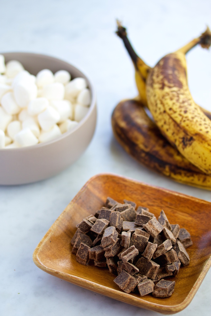 chocolate chunks, vegan marshmallows and ripe bananas