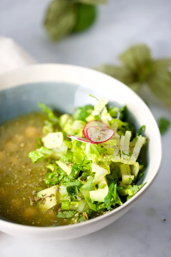 Green Mexican Soup with chickpeas, vegan, deliciuos and healthy