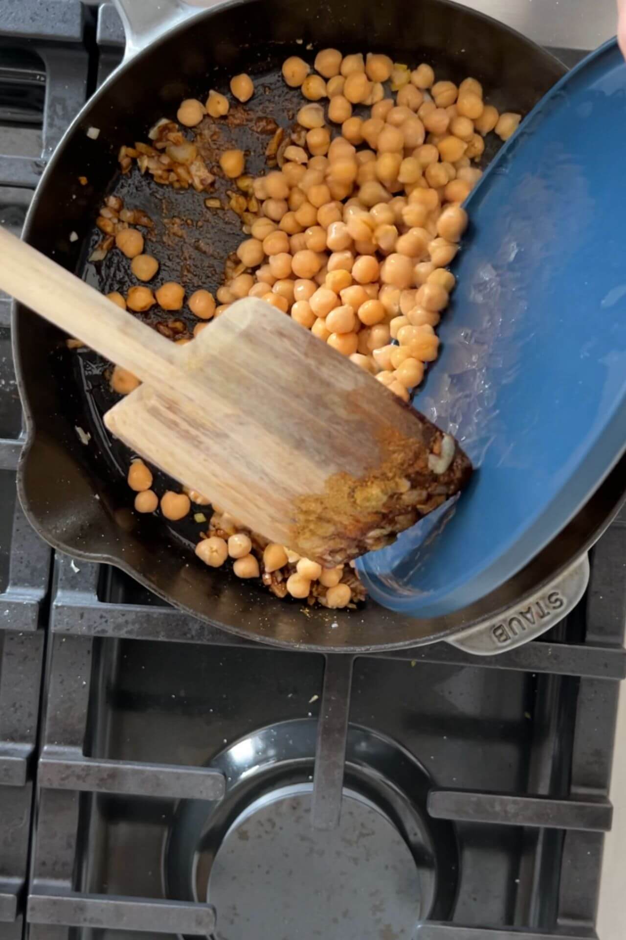 chickpeas in a cast iron pan.