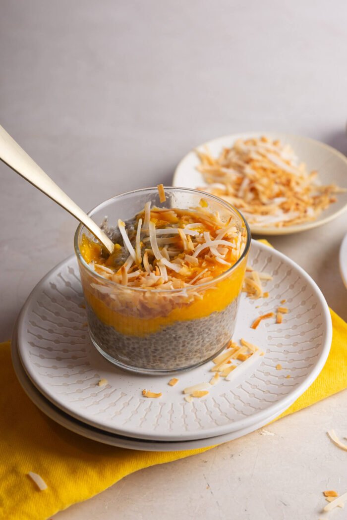 Mango mango chia seed pudding with coconut milk and shredded coconut