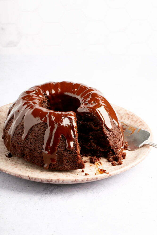 vegan chocolate cake made in a bundt pan