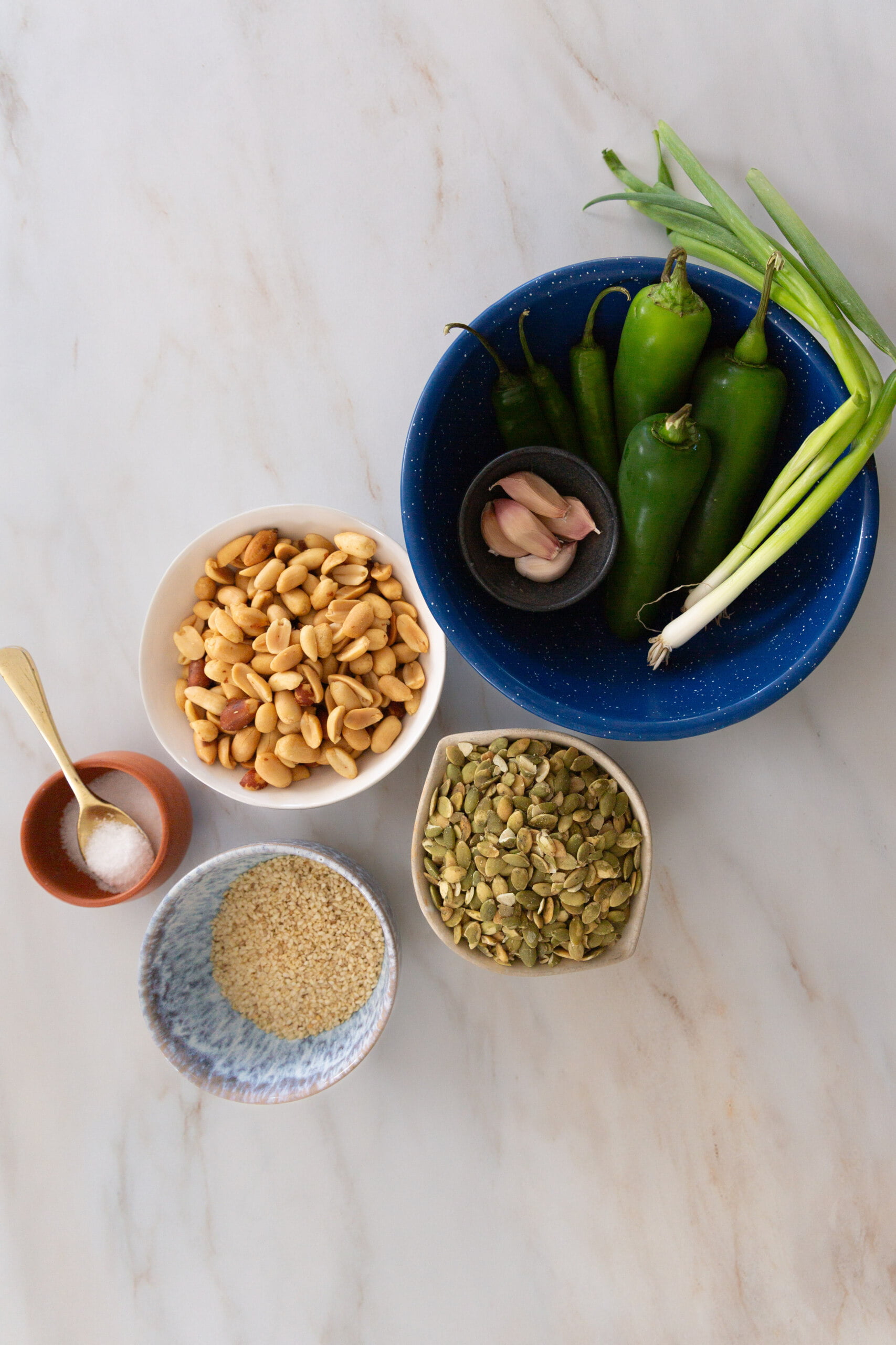 A bowl of peanuts, green onions and other ingredients on a marble table.