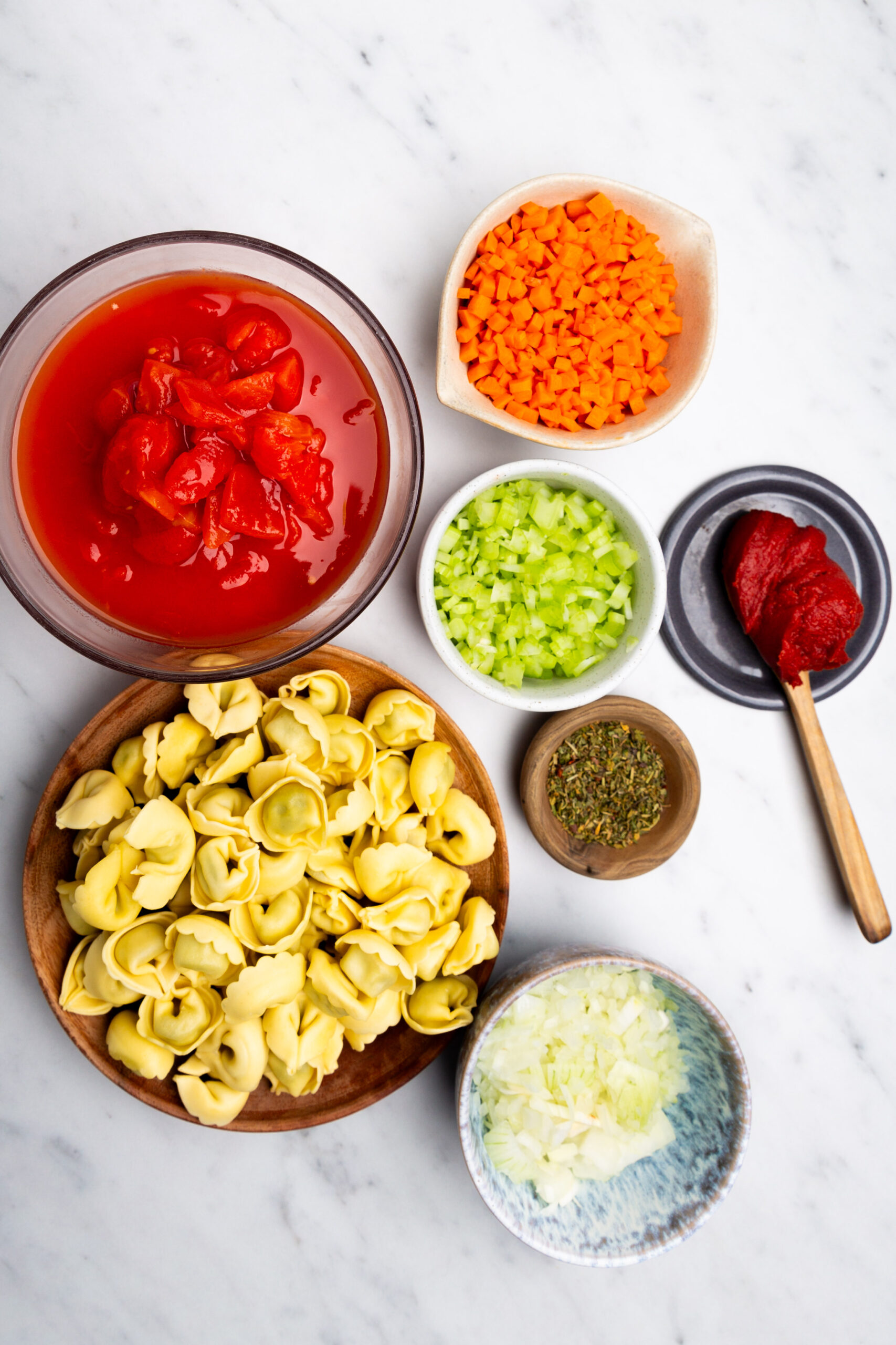 Description: Ingredients for a healthy and quick tortellini soup in tomato sauce.