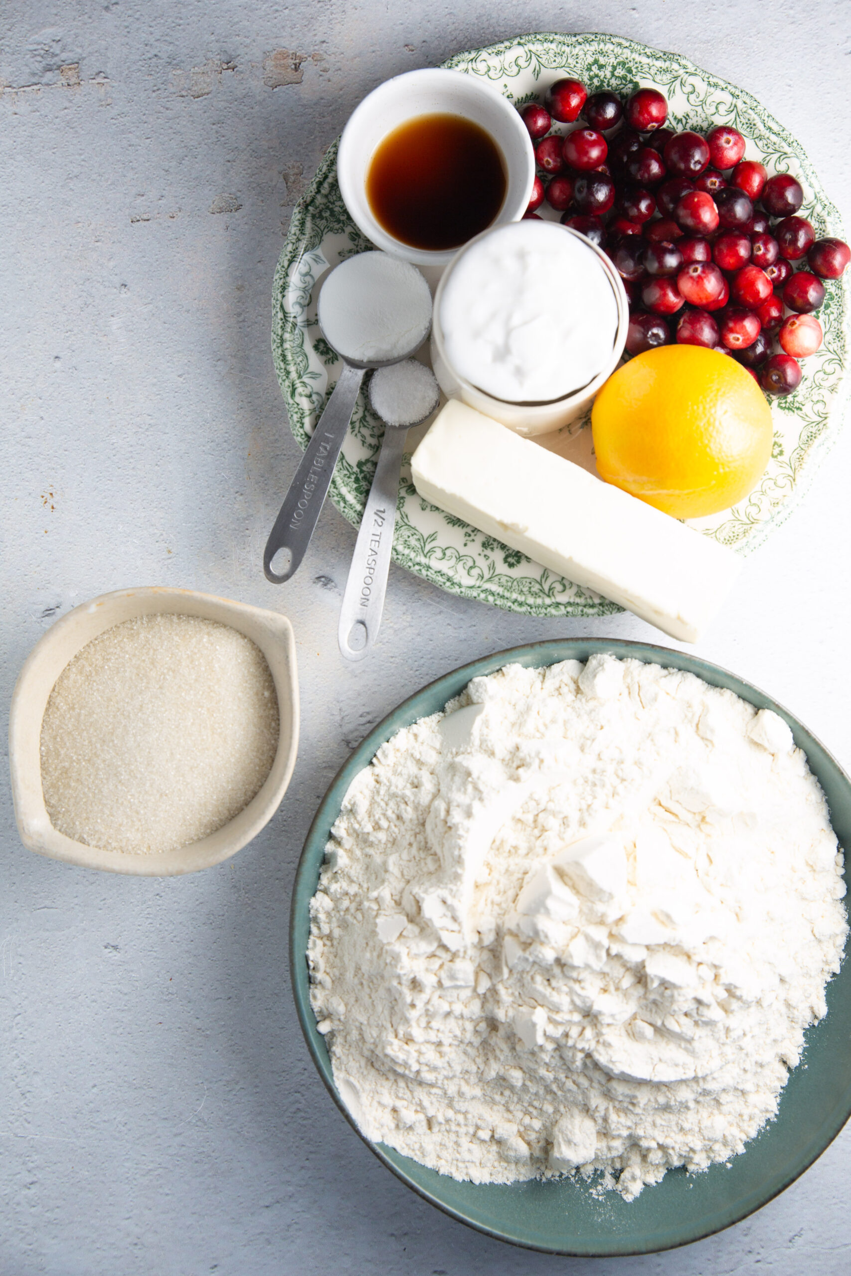 Ingredients for vegan cranberry orange pancakes.
