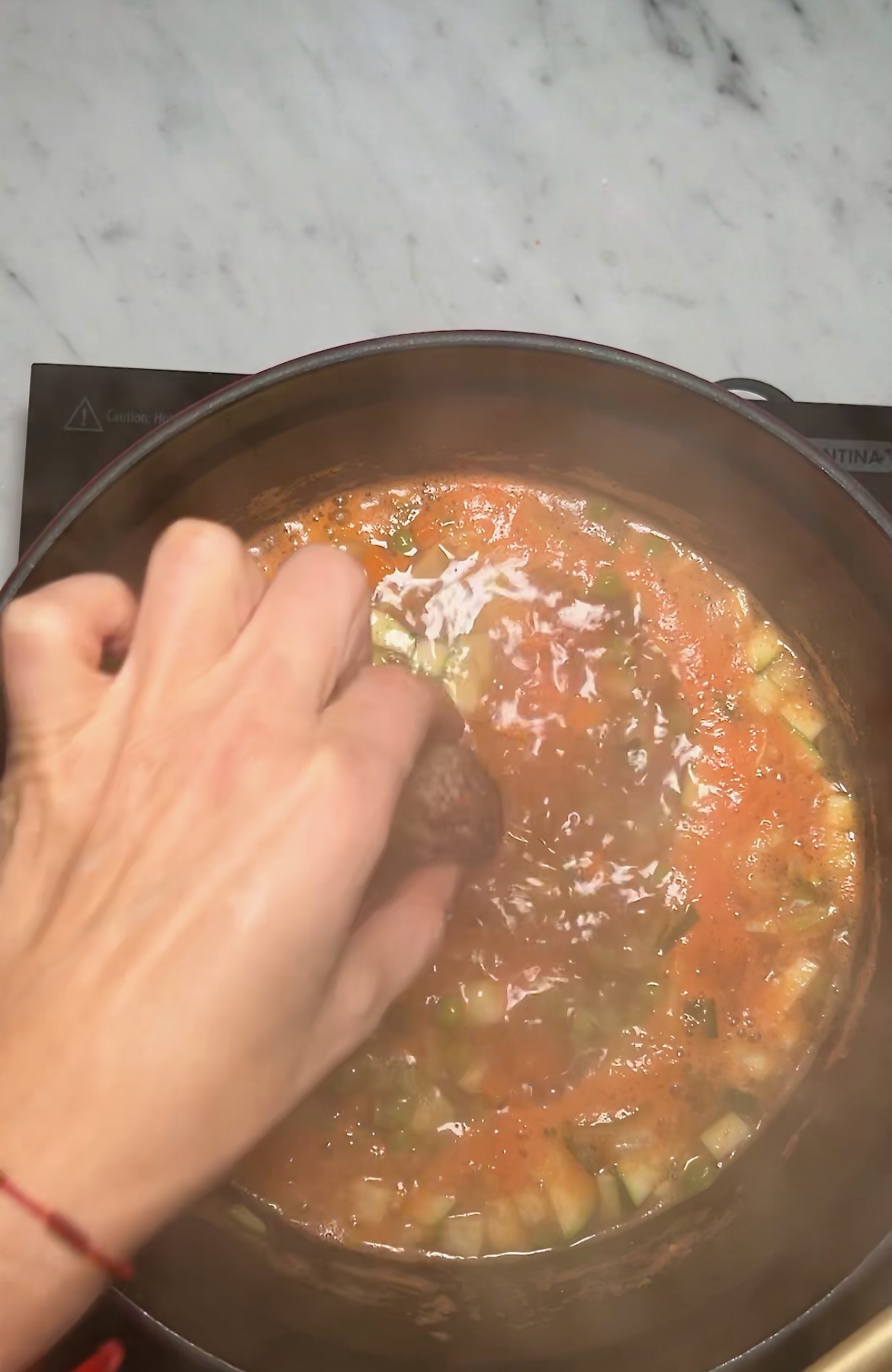 A person stirring a pot of Mexican vegan soup.