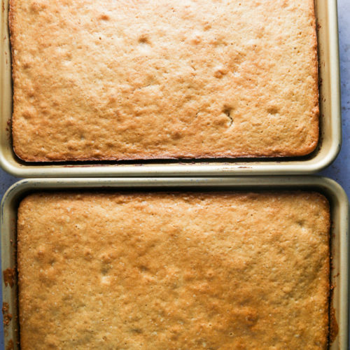 Two rectangular baking trays, each containing a freshly baked, golden brown cake, are placed side by side on a flat surface. These delicious sheet cakes have a uniform, slightly bumpy top with lightly browned edges, suggesting they have just come out of the oven.